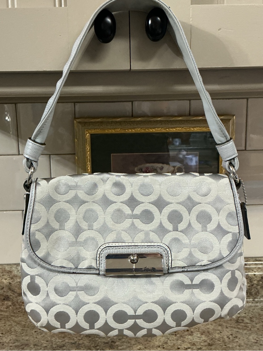Coach Kirsten Silver and White Signature Hobo Shoulder Bag Vintage Pop Art